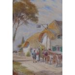 John Sowden, figures and cart on a rural village road, late C19th/early C20th, watercolour, 14 x