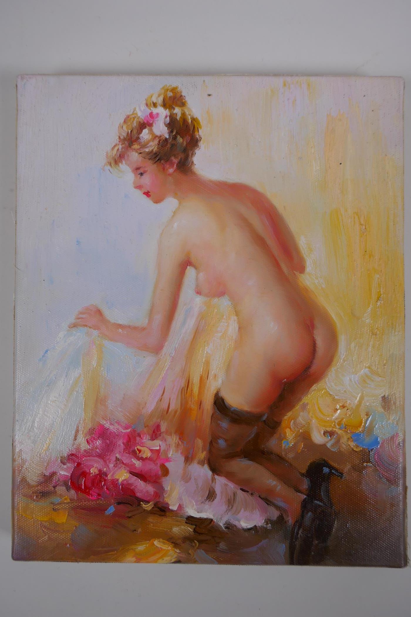 A female figure study, indistinctly inscribed verso, unframed oil on canvas, 25 x 20cm - Image 2 of 4