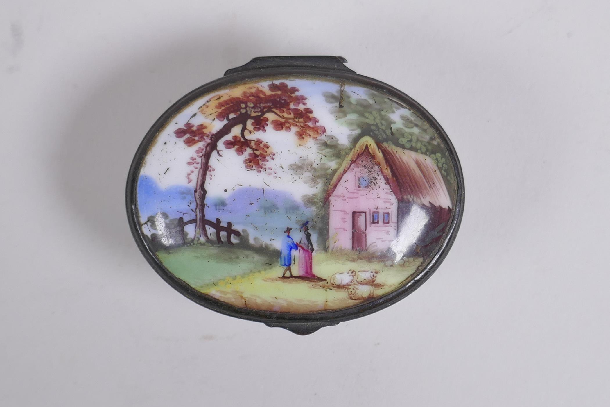 An C18th/C19th Bilston patch box, A Trifle from Bath, with enamel decoration of a pastoral scene, - Image 2 of 6