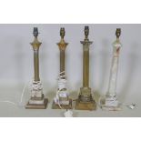 A pair of brass and onyx Corinthian column table lamps, a brass table lamp and an onyx table lamp,