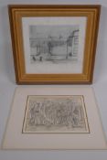 A naive style pencil drawing, children playing in a street, signed Riley, and an unframed pencil