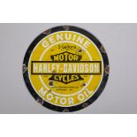 A vintage style Harley Davidson enamel advertising sign, 30cm diameter