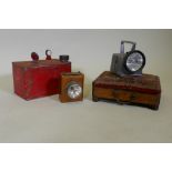 An antique carriage foot warmer with copper bottle, 29 x 24 x 9cm, a vintage torch, petrol can