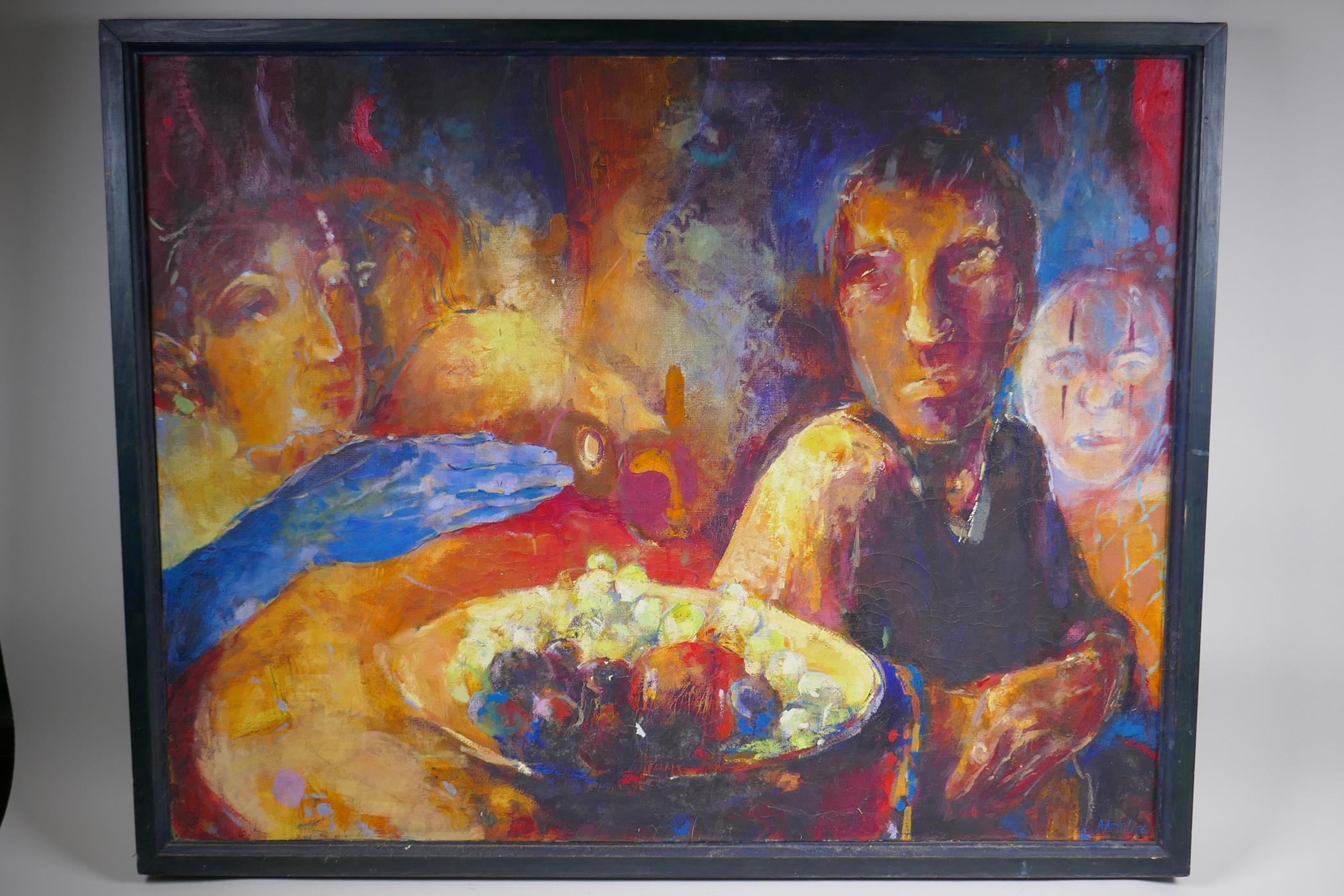 Adam Cope, abstract figure with a bowl of fruit, oil on canvas, 90 x 70cm - Image 2 of 4