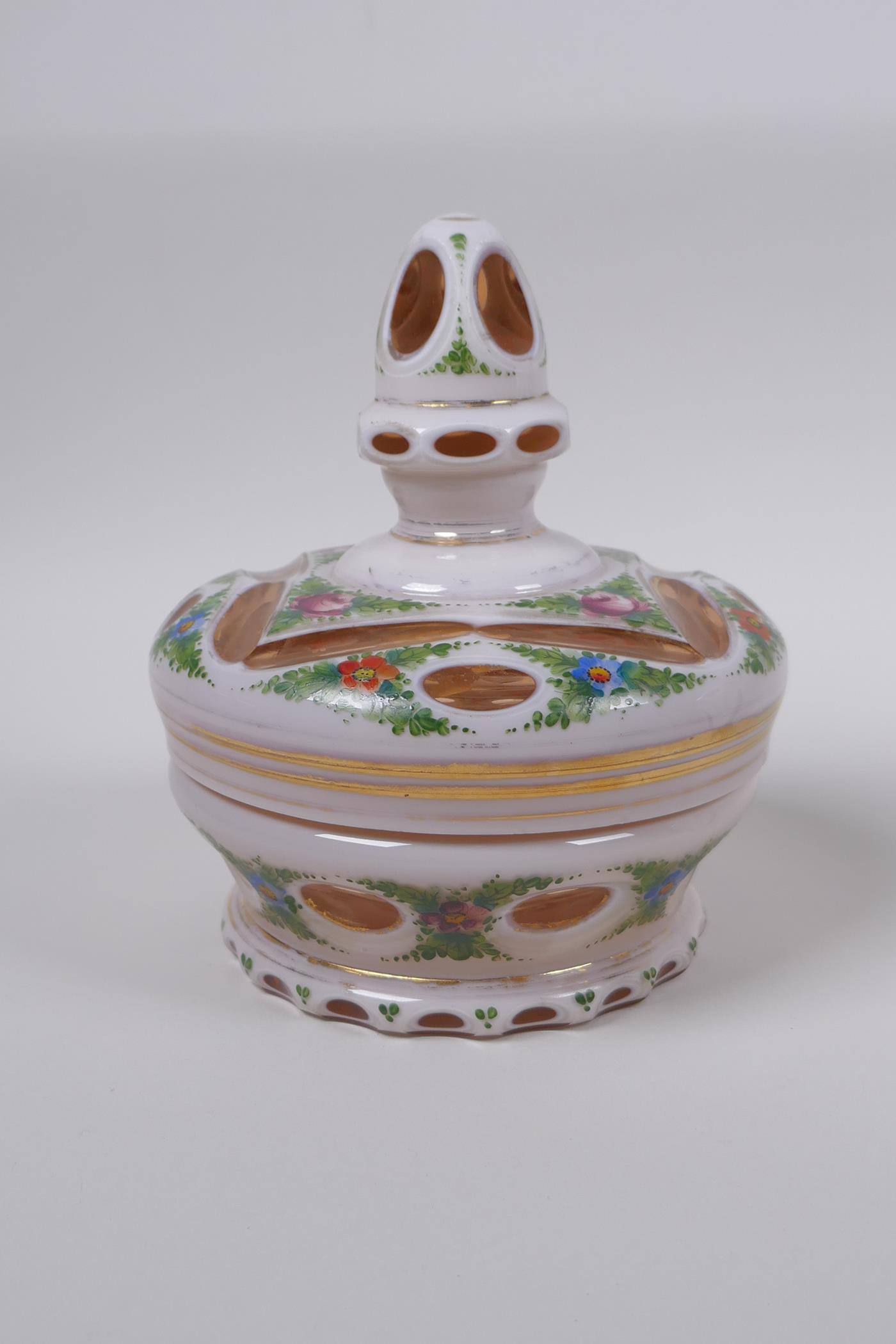 A Bohemian style overlaid ruby glass vase with hand painted floral decoration, and a similar pot and - Image 5 of 8