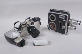 A vintage Czech Meopta Admira A8lla 8mm film camera, and a Lomography Diana F+ camera with flash and