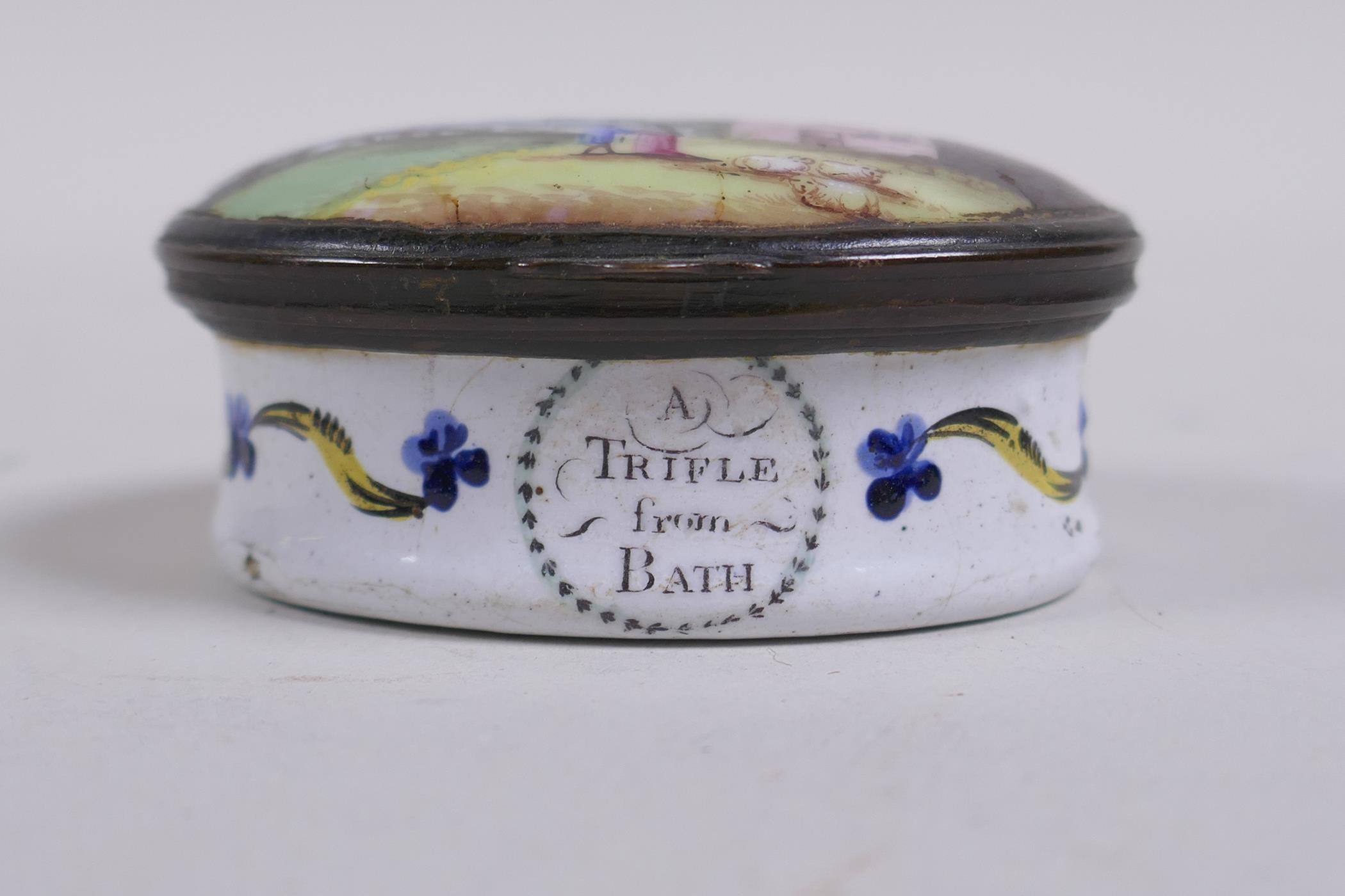 An C18th/C19th Bilston patch box, A Trifle from Bath, with enamel decoration of a pastoral scene, - Image 3 of 6