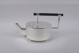 A Christopher Dresser style silver plated teapot with ebonised handle, 14cm diameter, 26cm long