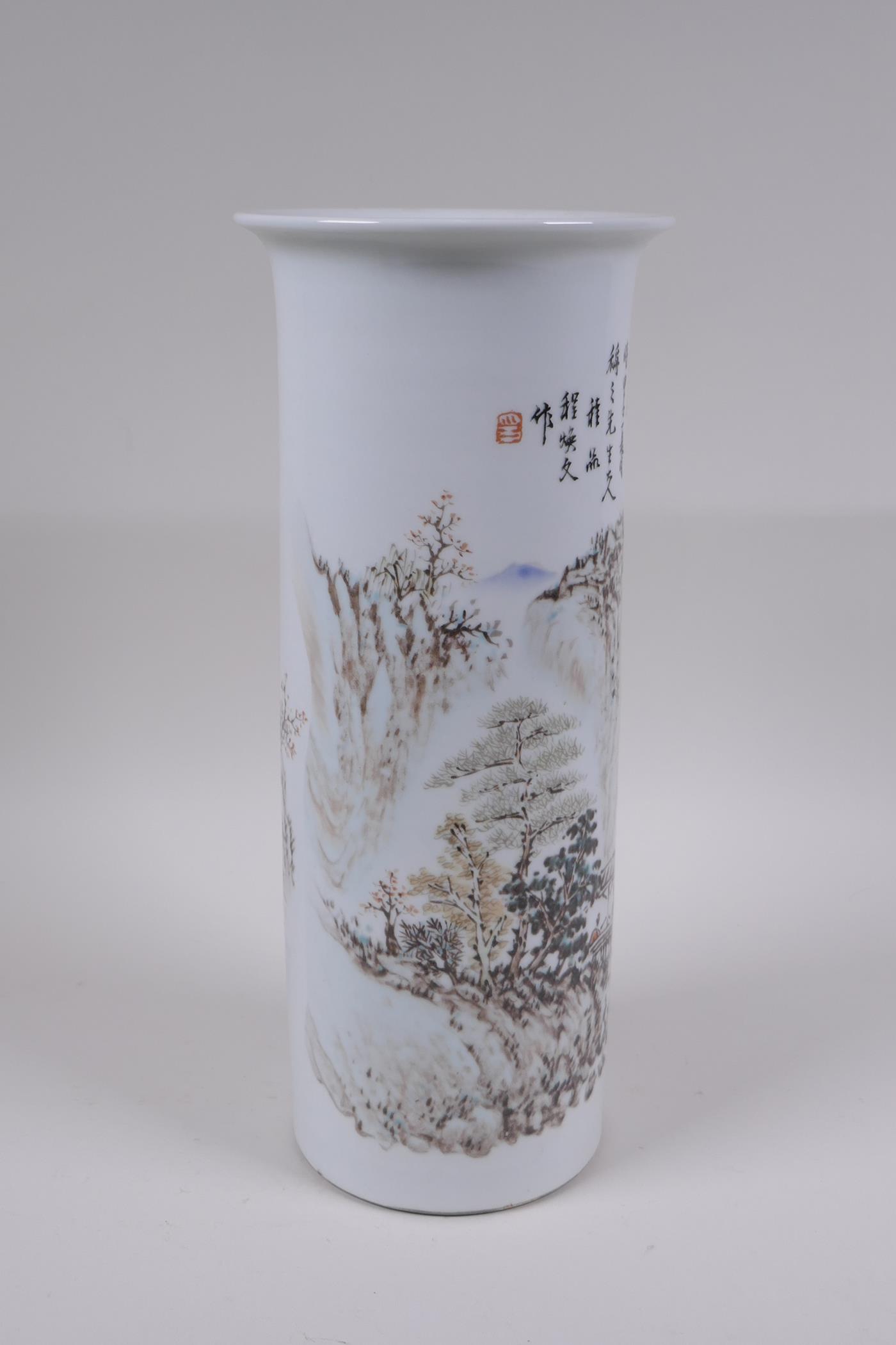 A Chinese Republic style porcelain cylinder vase decorated with a mountain landscape, 30cm high x - Image 2 of 6
