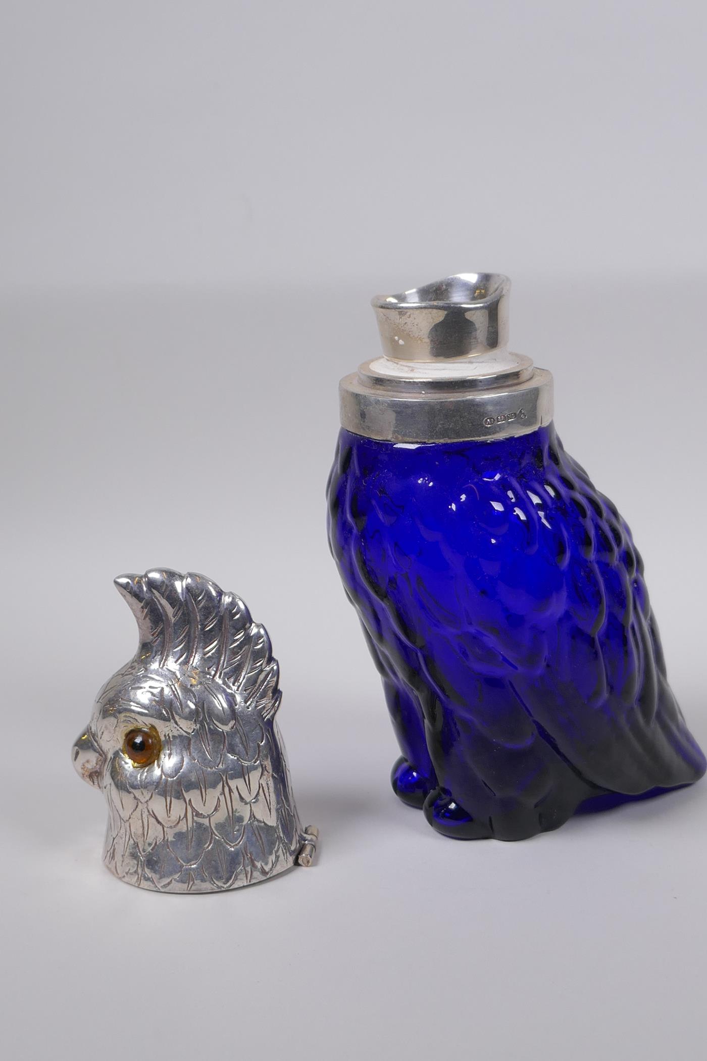 A blue glass and silver plated parrot shaped decanter, 24cm high, AF loose head - Image 2 of 5