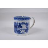A C19th blue and white pearlware tankard decorated with a Willow style pattern, 13cm high x 13cm