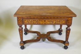 A C19th continental marquetry inlaid rosewood centre table, with single drawer, raised on tapering