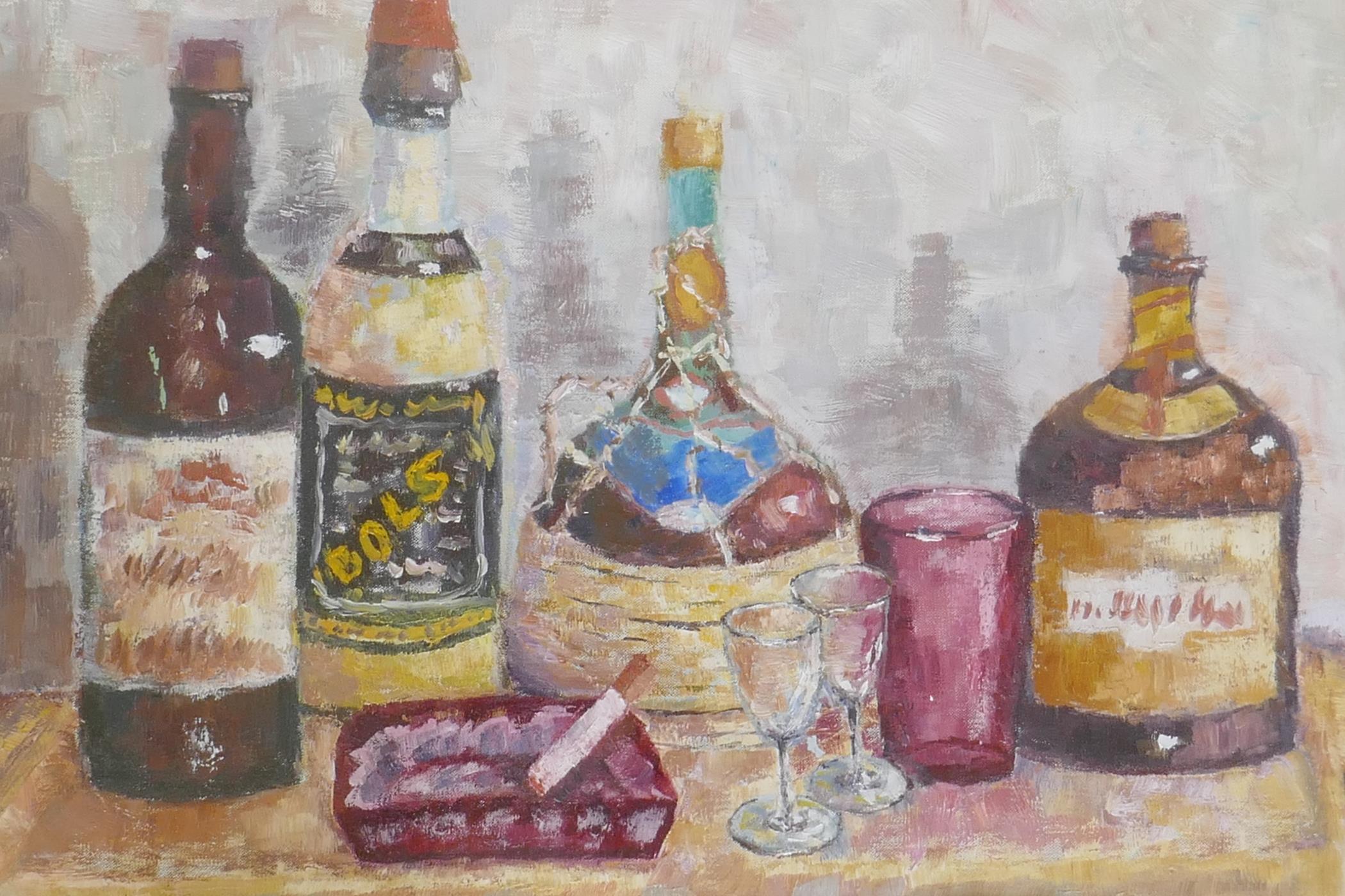 Still life, bottles, oil on canvas, signed indistinctly, 41 x 51cm