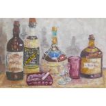 Still life, bottles, oil on canvas, signed indistinctly, 41 x 51cm