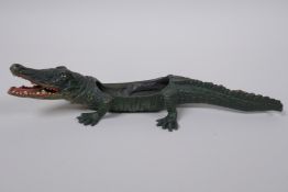 A Bergman style cold painted bronze crocodile pin cushion base, 21cm long