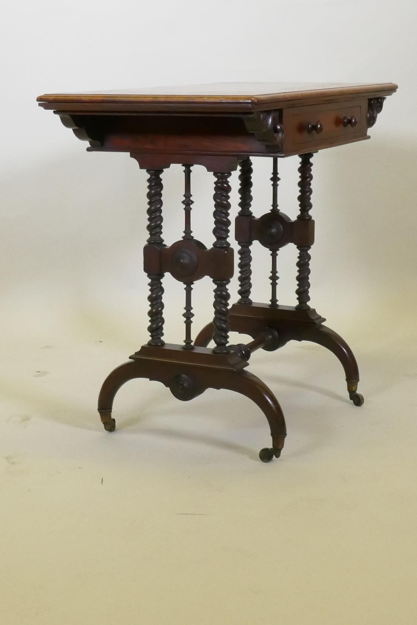 A C19th figured mahogany card table by Lamb of Manchester, with swivel and fold over top, baized - Image 2 of 11