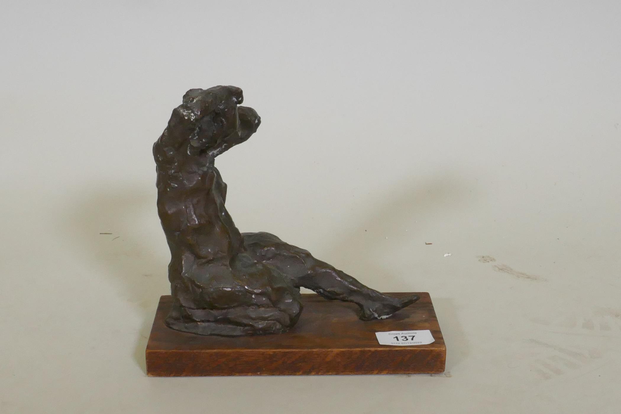 Abstract bronze figure of a seated nude, signed Lillie 60?, Lloyd Lillie? mounted on a wood base - Image 5 of 5