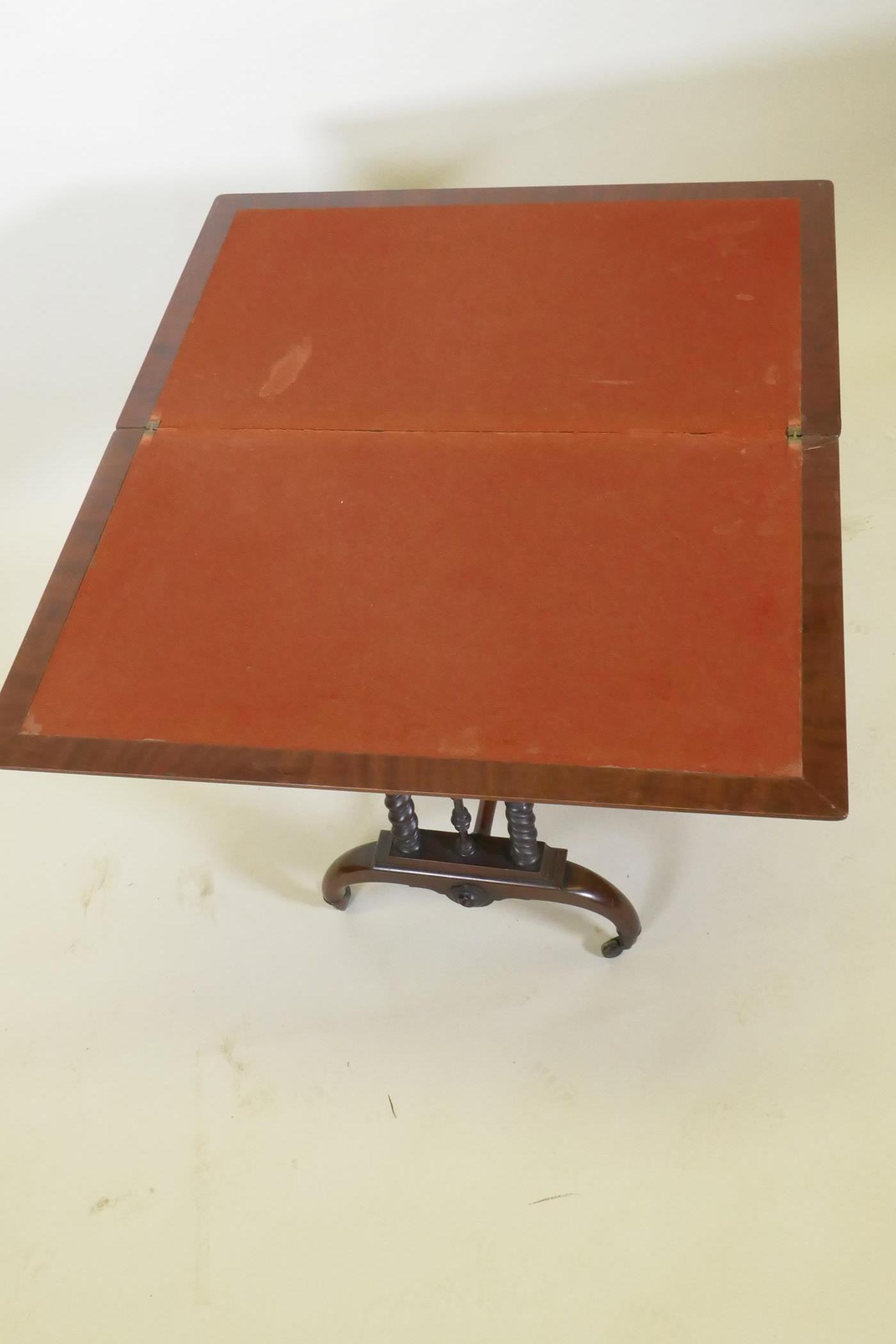 A C19th figured mahogany card table by Lamb of Manchester, with swivel and fold over top, baized - Image 7 of 11
