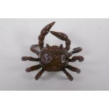 A Japanese bronze okimono crab, 6cm wide