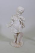 A C19th alabaster figure of a young girl bearing a basket of flowers, 35cm high