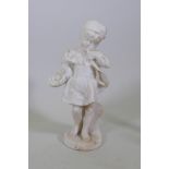 A C19th alabaster figure of a young girl bearing a basket of flowers, 35cm high