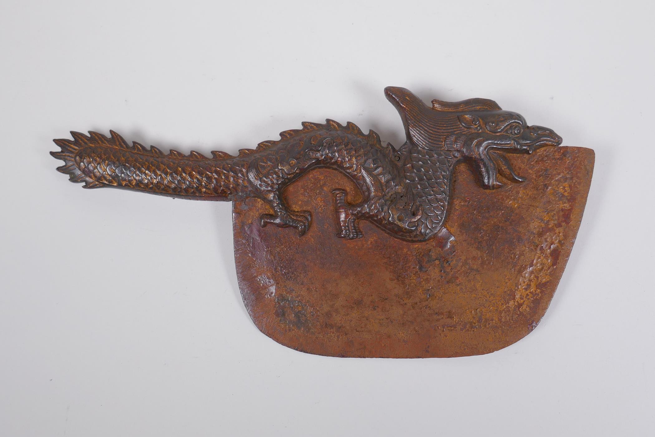 A Sino Tibetan bronze handled ceremonial chopper, the handle in the form of a dragon with the - Image 3 of 3