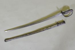 A C19th cavalry sword with scabbard and wood handle, stamped to blade 116220, blade 77cm long