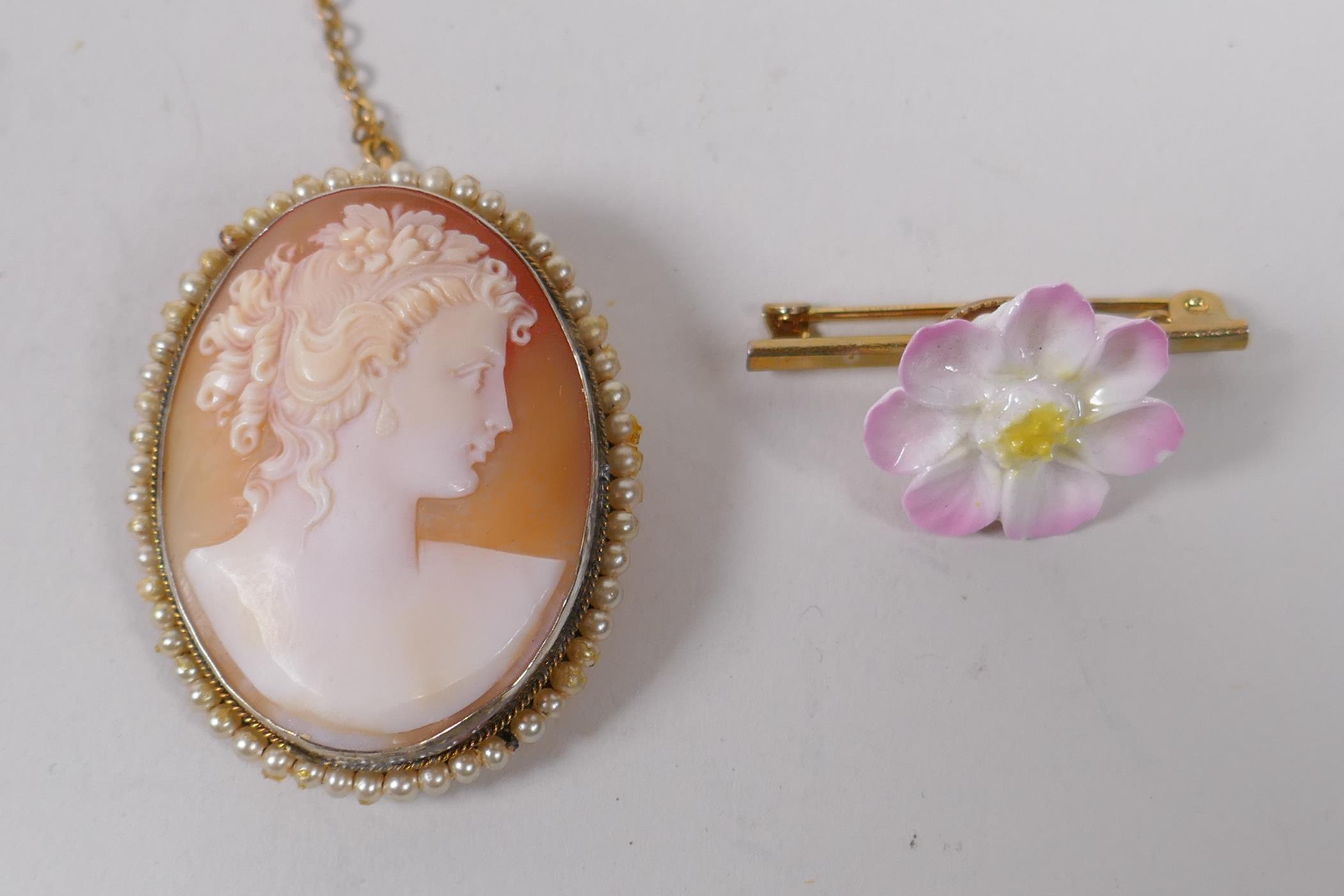 An antique cameo brooch and another flower brooch, largest 4 x 3cm