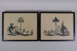 A pair of early C20th papercuts depicting fairy tale illustrations, framed 32 x 26cm