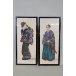 A pair of Japanese paintings on linen of a woman with child and a warrior with sword, 30 x 76cm