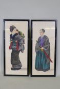 A pair of Japanese paintings on linen of a woman with child and a warrior with sword, 30 x 76cm