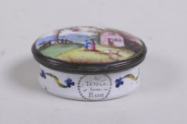 An C18th/C19th Bilston patch box, A Trifle from Bath, with enamel decoration of a pastoral scene,