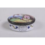 An C18th/C19th Bilston patch box, A Trifle from Bath, with enamel decoration of a pastoral scene,