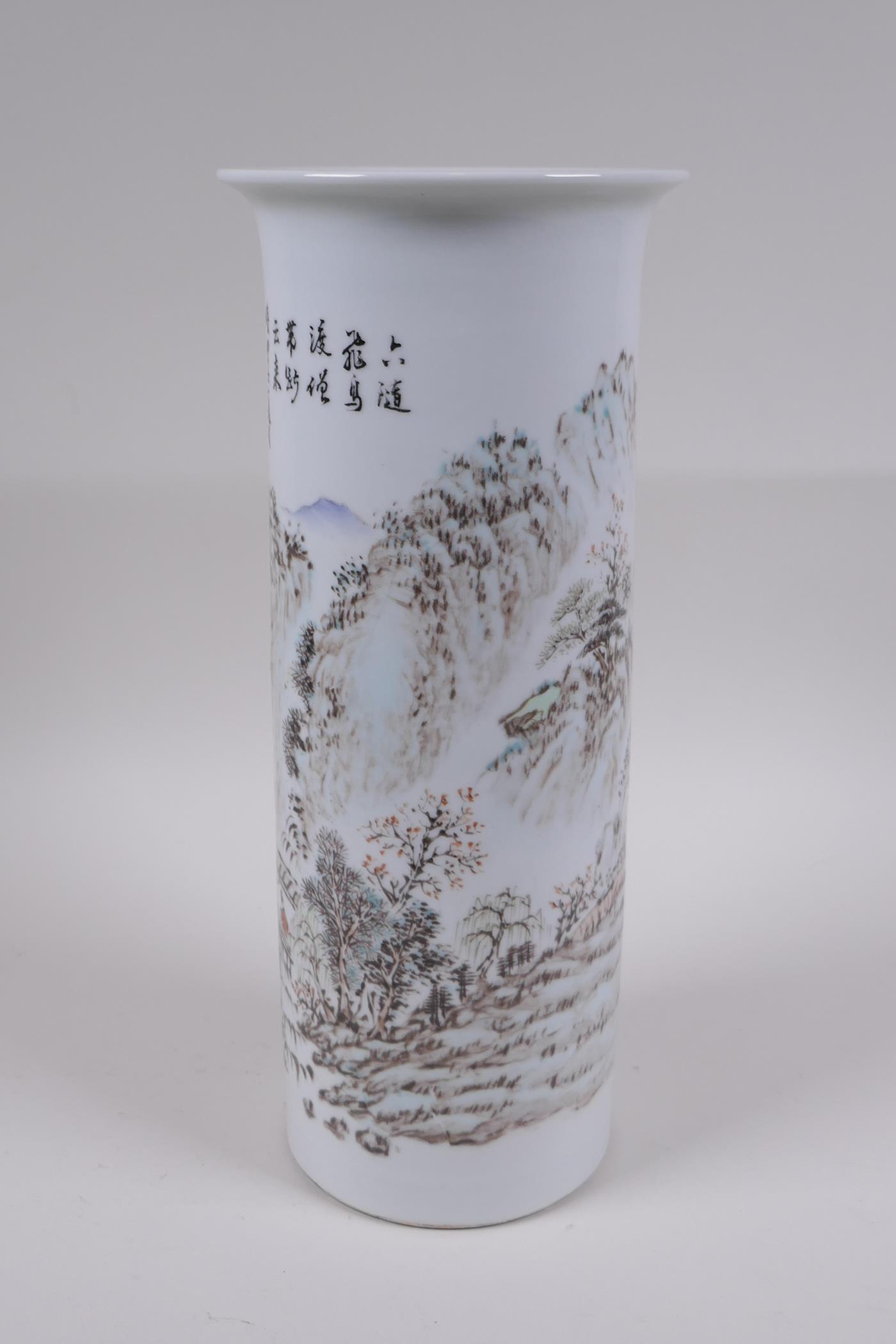 A Chinese Republic style porcelain cylinder vase decorated with a mountain landscape, 30cm high x - Image 4 of 6