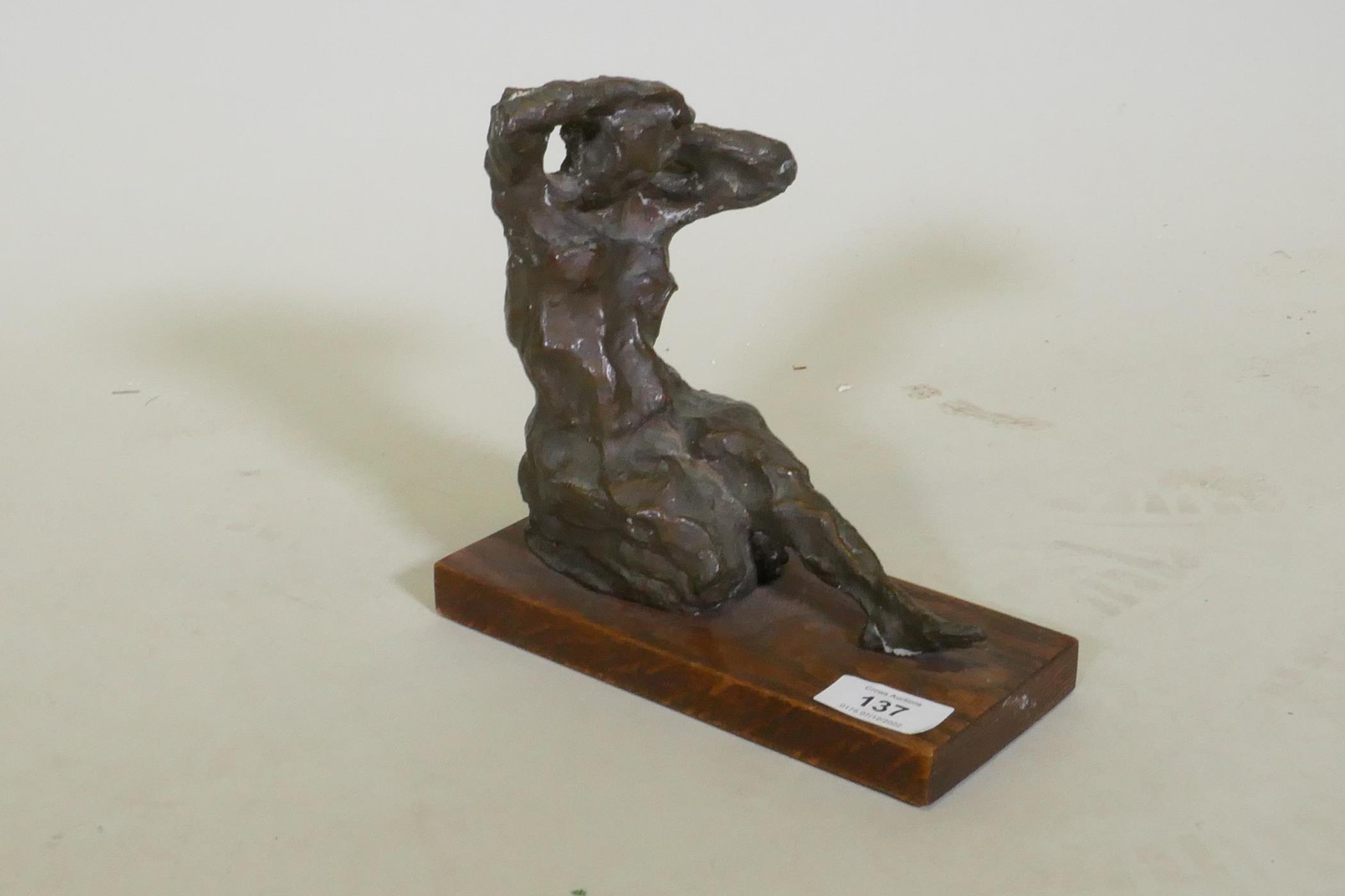 Abstract bronze figure of a seated nude, signed Lillie 60?, Lloyd Lillie? mounted on a wood base - Image 4 of 5