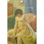 Interior scene with nude bathing, oil on board, signed Glanville, mid/early C20th, 37 x 47cm