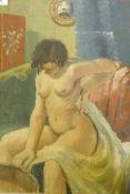 Interior scene with nude bathing, oil on board, signed Glanville, mid/early C20th, 37 x 47cm