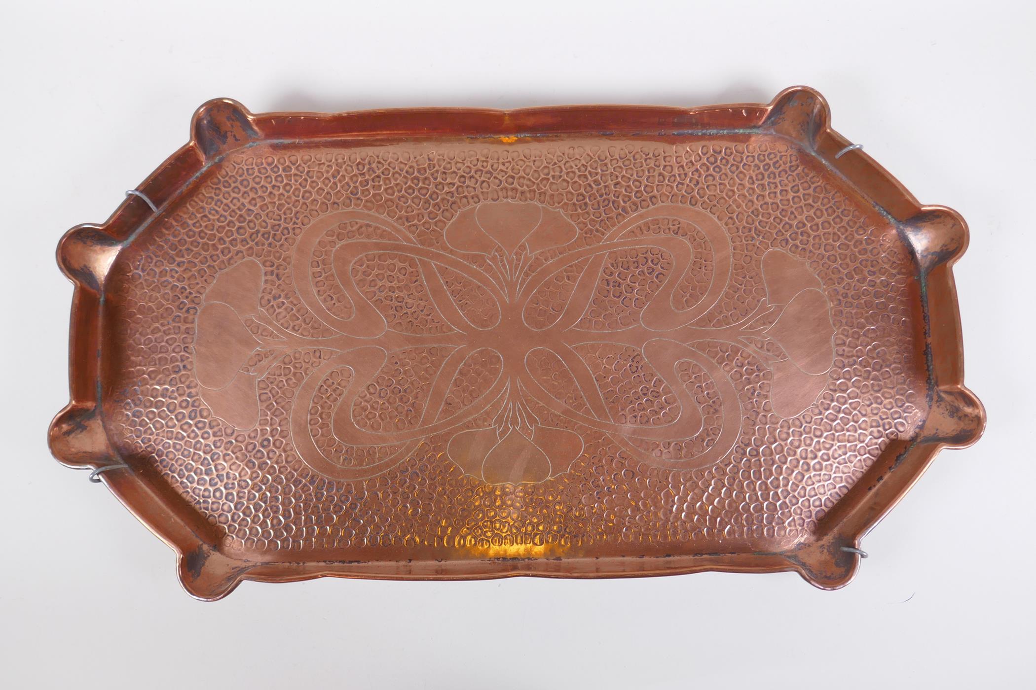 A Newlyn style hand made copper tray with dolphin decoration and another similar with Art Nouveau - Image 4 of 5