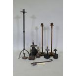 Wrought metal pricket candlestick, 80cm high, a pair of turned wood candlesticks stamped W.T.