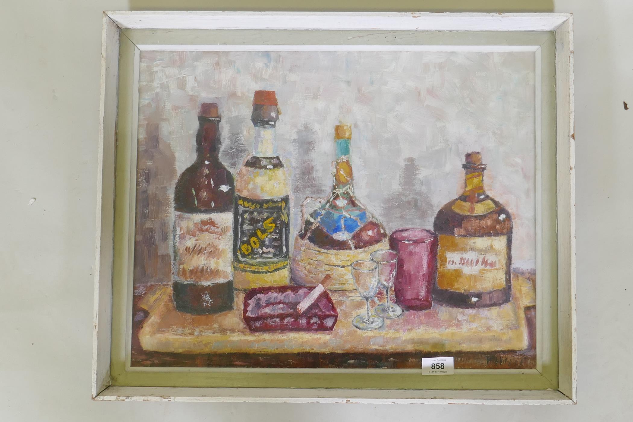 Still life, bottles, oil on canvas, signed indistinctly, 41 x 51cm - Image 2 of 4