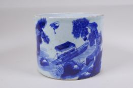 A blue and white porcelain brush pot with riverside landscape decoration, character inscription