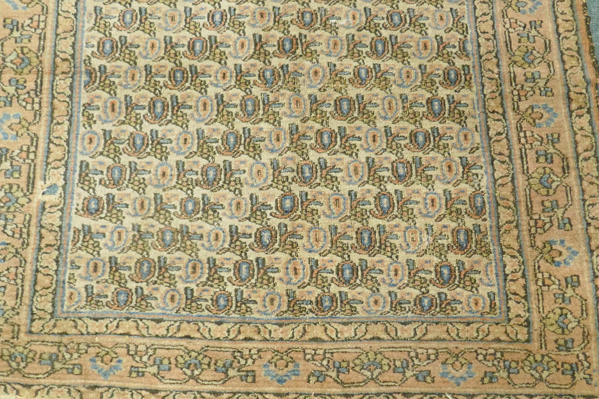 A Middle Eastern hand woven wool carpet with all over geometric designs on a faded terracotta field, - Image 3 of 4