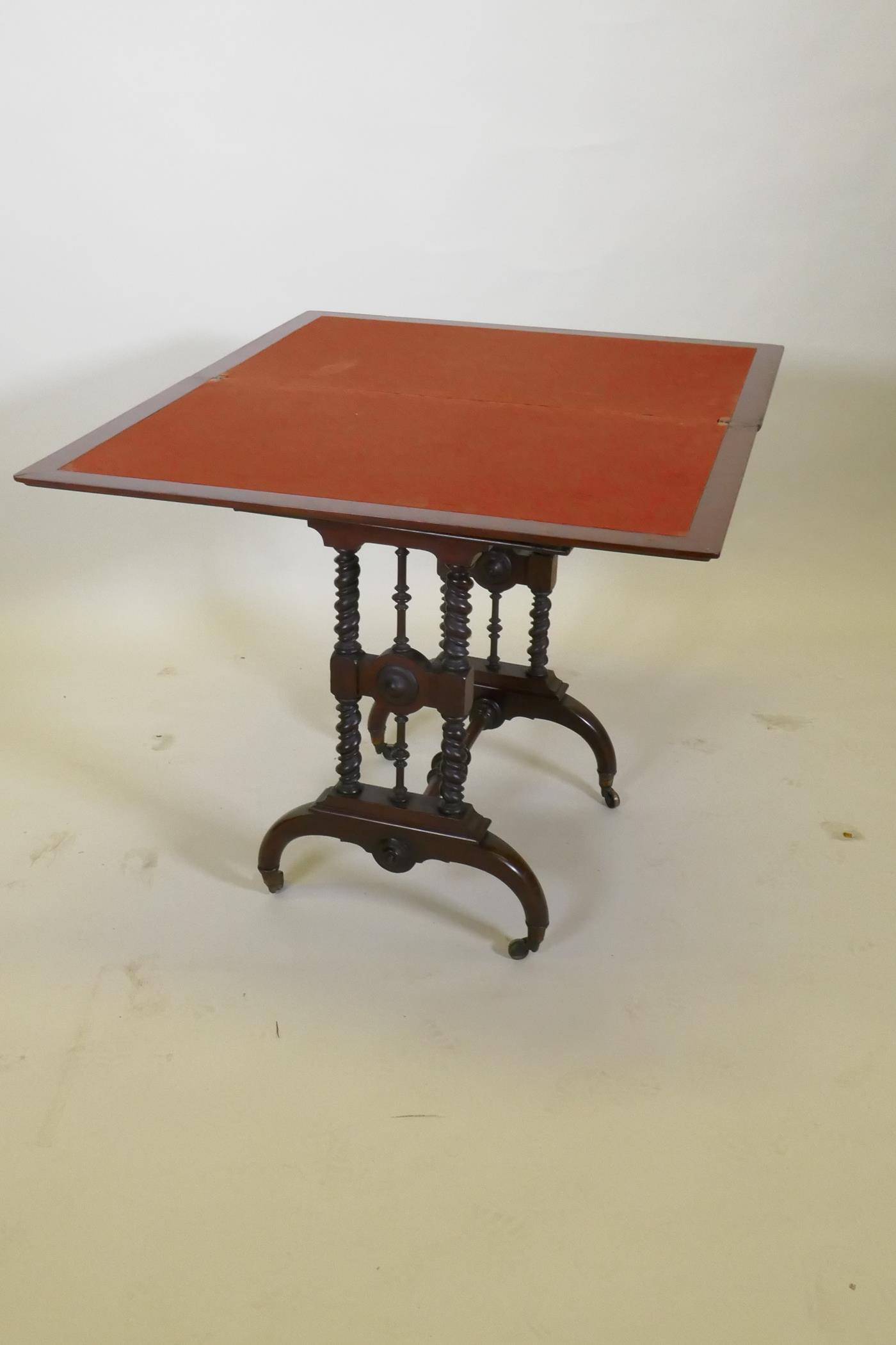 A C19th figured mahogany card table by Lamb of Manchester, with swivel and fold over top, baized - Image 6 of 11