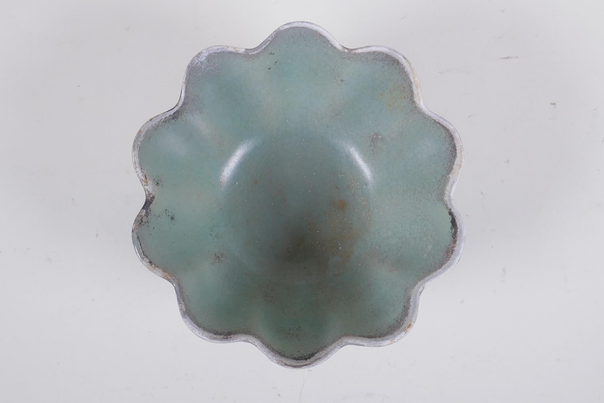 A Chinese Ru ware style porcelain flower shaped bowl, 17cm diameter - Image 2 of 3