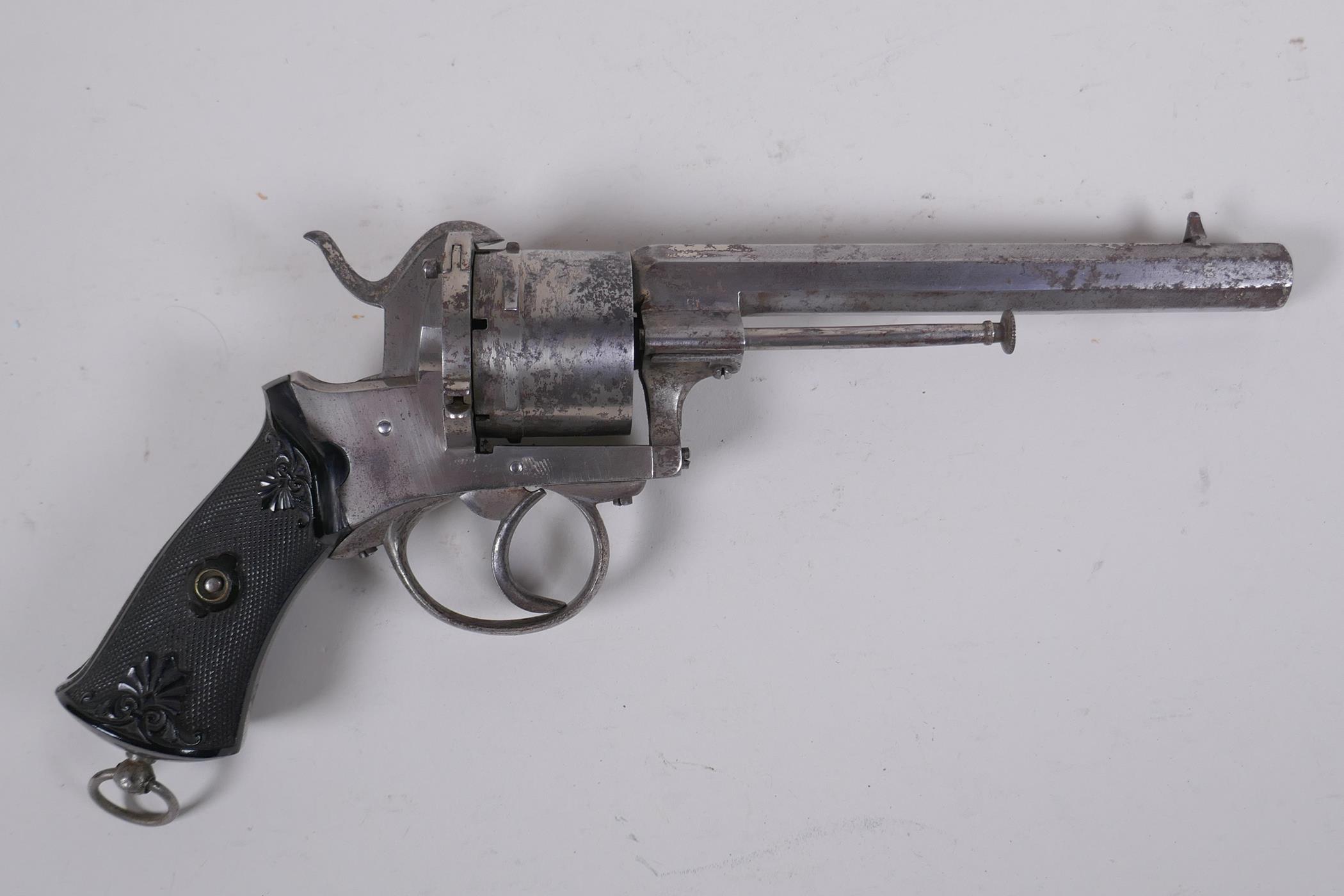 An antique Belgian six shot 10mm pin-fire revolver, c.1860, Liege proof mark to the barrel - Image 5 of 7