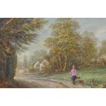 Max Dunlop, Felday, 94, landscape with figure walking a dog, oil on board, 32 x 26cm