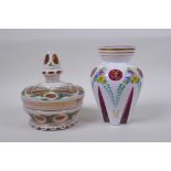 A Bohemian style overlaid ruby glass vase with hand painted floral decoration, and a similar pot and