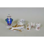 A Royal Doulton Victory & Peace 1919 mug, three pieces of W.H. Goss, a Limoges porcelain cruet, 19cm