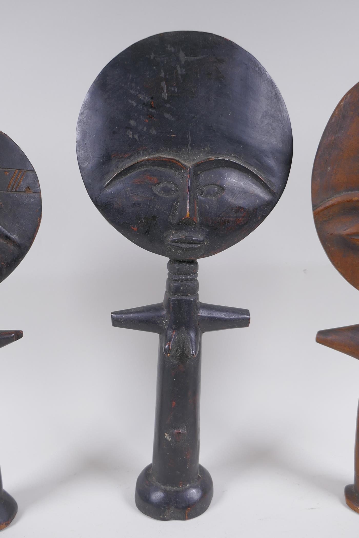 Three antique African carved hardwood Akuaba fertility dolls, largest 36cm - Image 3 of 5