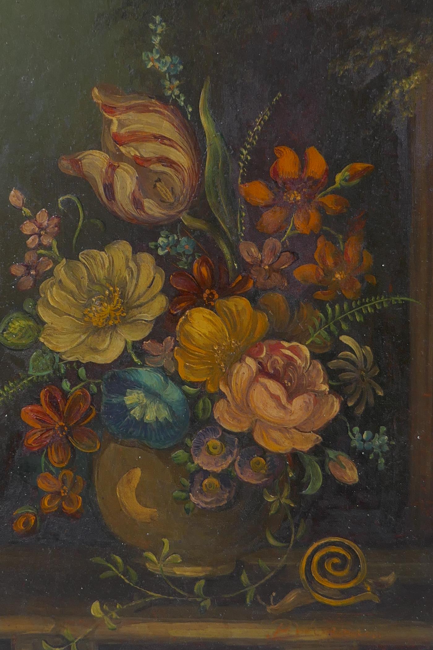 A C19th still life of flowers, oil on board, housed in an C18th carved pine frame, 22 x 34cm - Image 3 of 7